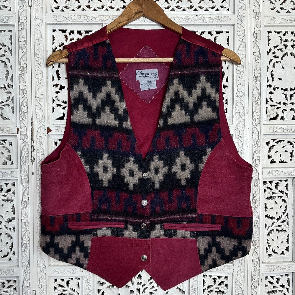 Vintage Wool Suede Leather Western Aztec Snap‎ Button Vest Sz Large